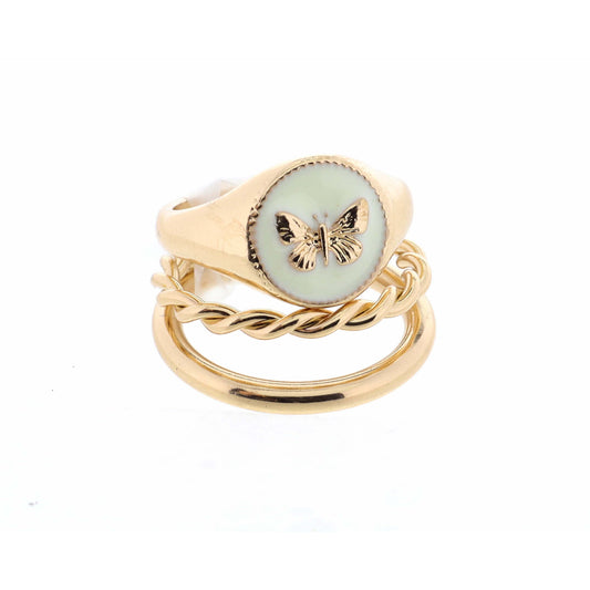 Stack of 2, Butterfly on Ivory Circle & Two Layer Gold Ring