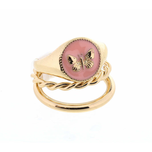 Stack of 2, Butterfly on Pink Circle & Two Layer Gold Ring