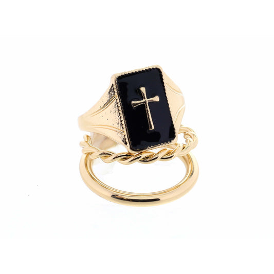 Stack of 2, Cross on Black Rectangle & Two Layer Gold Ring