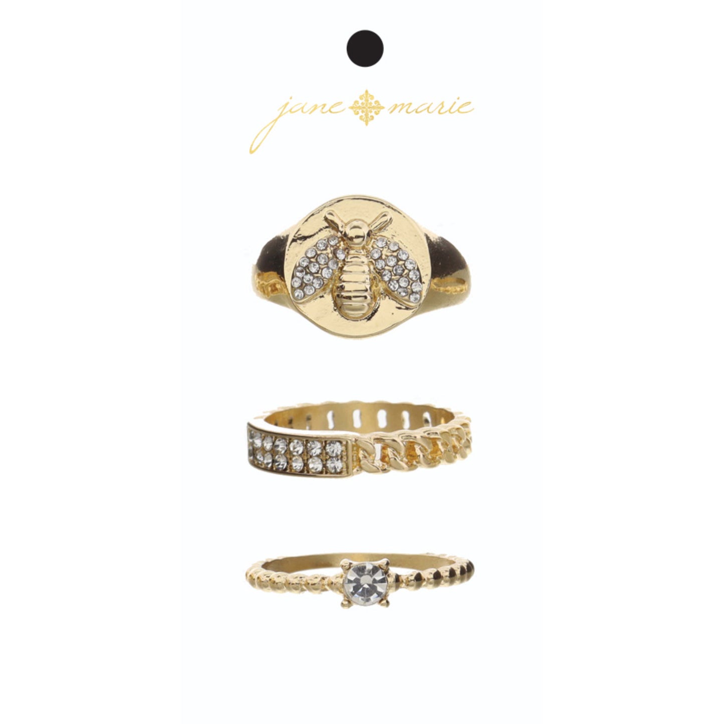 Set of 3, Gold Bee Signet, Gold Chain Band with Crystal Bar, Gold Ball and Crystal Band Ring