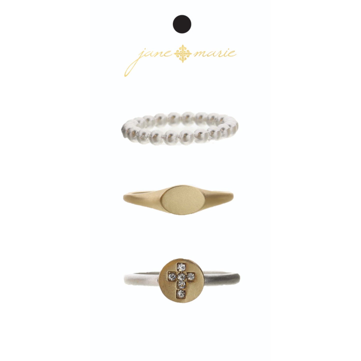 Set of 3, Silver Ball Band, Gold Signet Band, Gold Disc and Crystal Cross Silver Band Ring