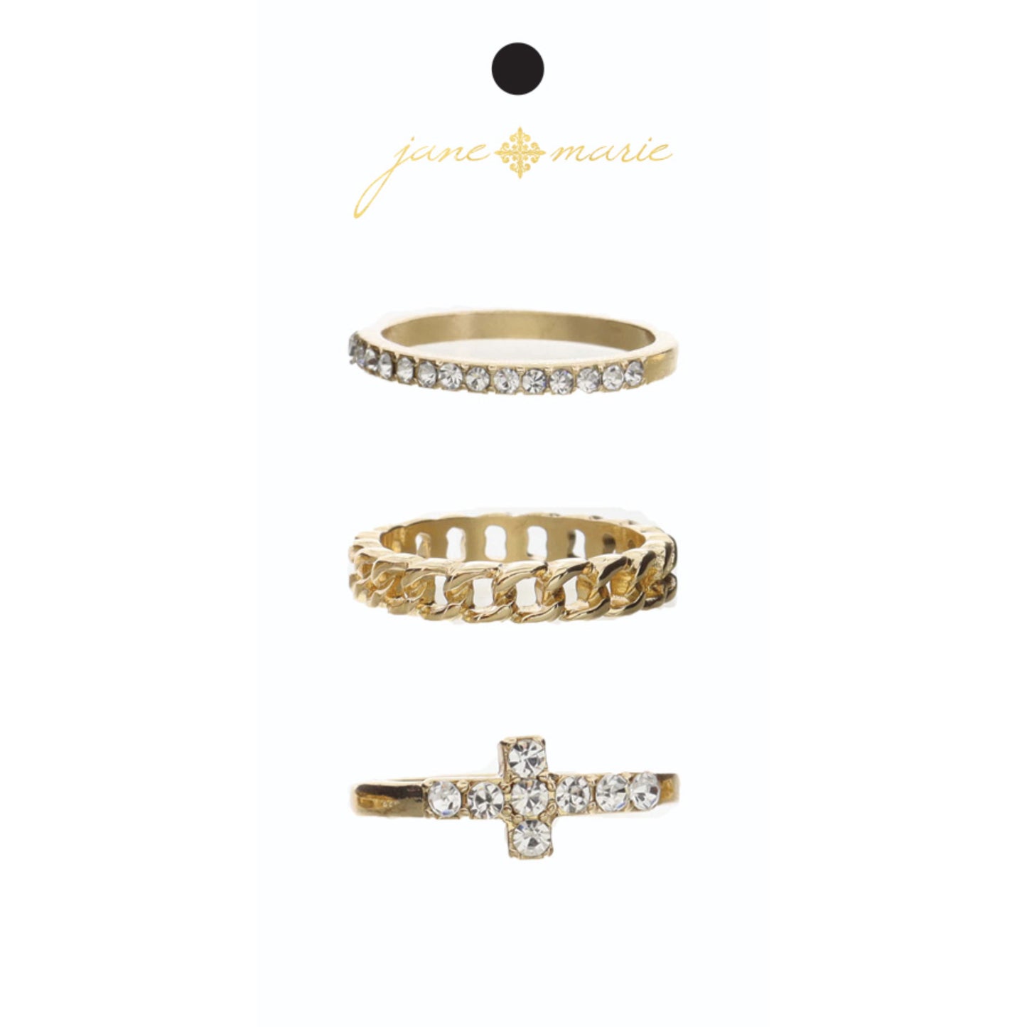 Set of 3, Crystal Band, Gold Chain Band, Gold Band with Crystal Cross Ring