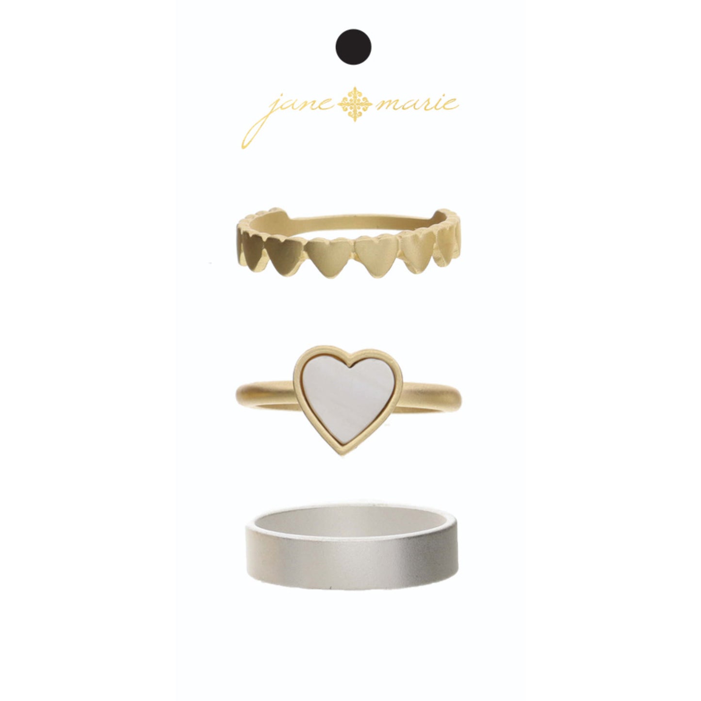 Set of 3, Shell Heart Gold Band, Silver Band, Gold Mini Hearts Band Ring