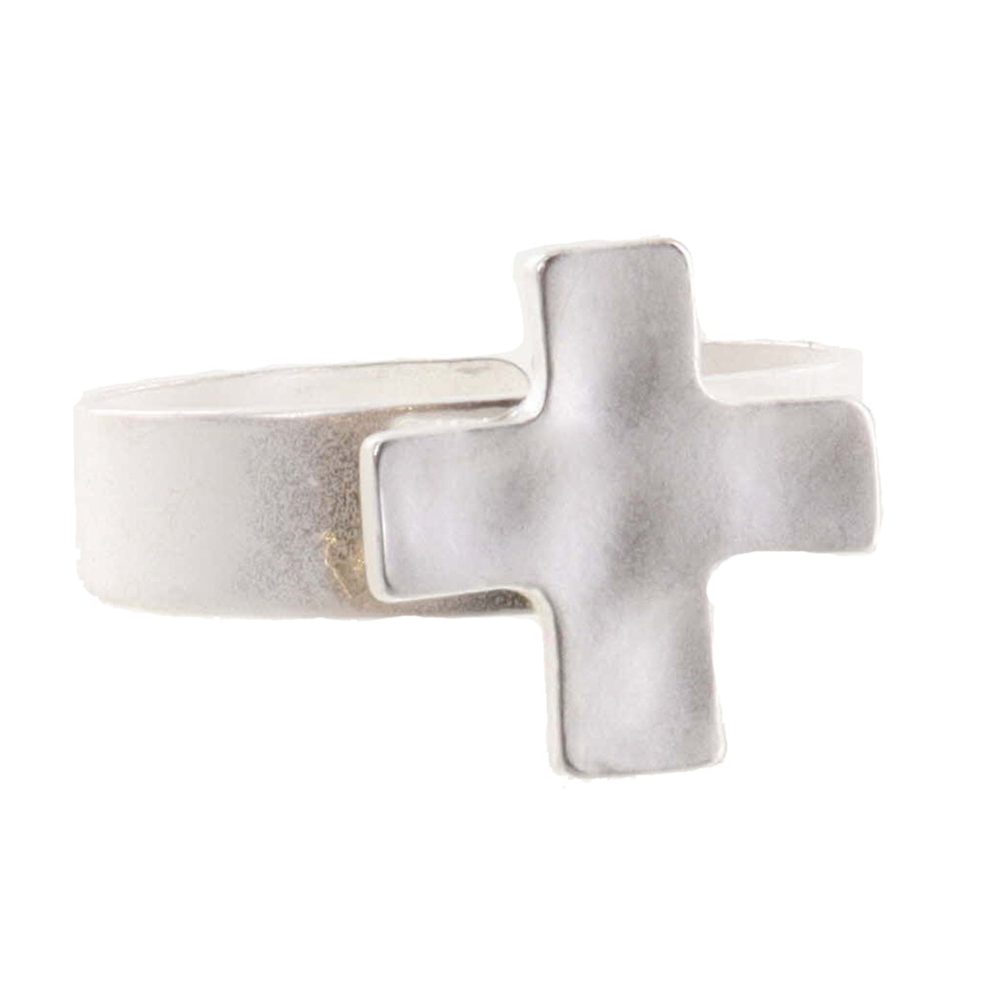 Kids Silver Hammered Square Cross on Thick Silver Band Ring