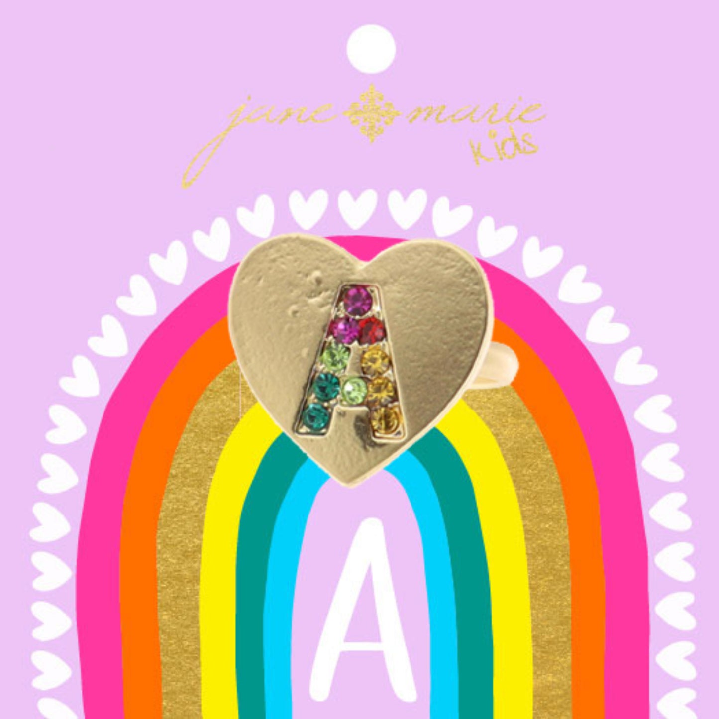 Kids Multi Color Crystal "A" on Gold Heart Ring