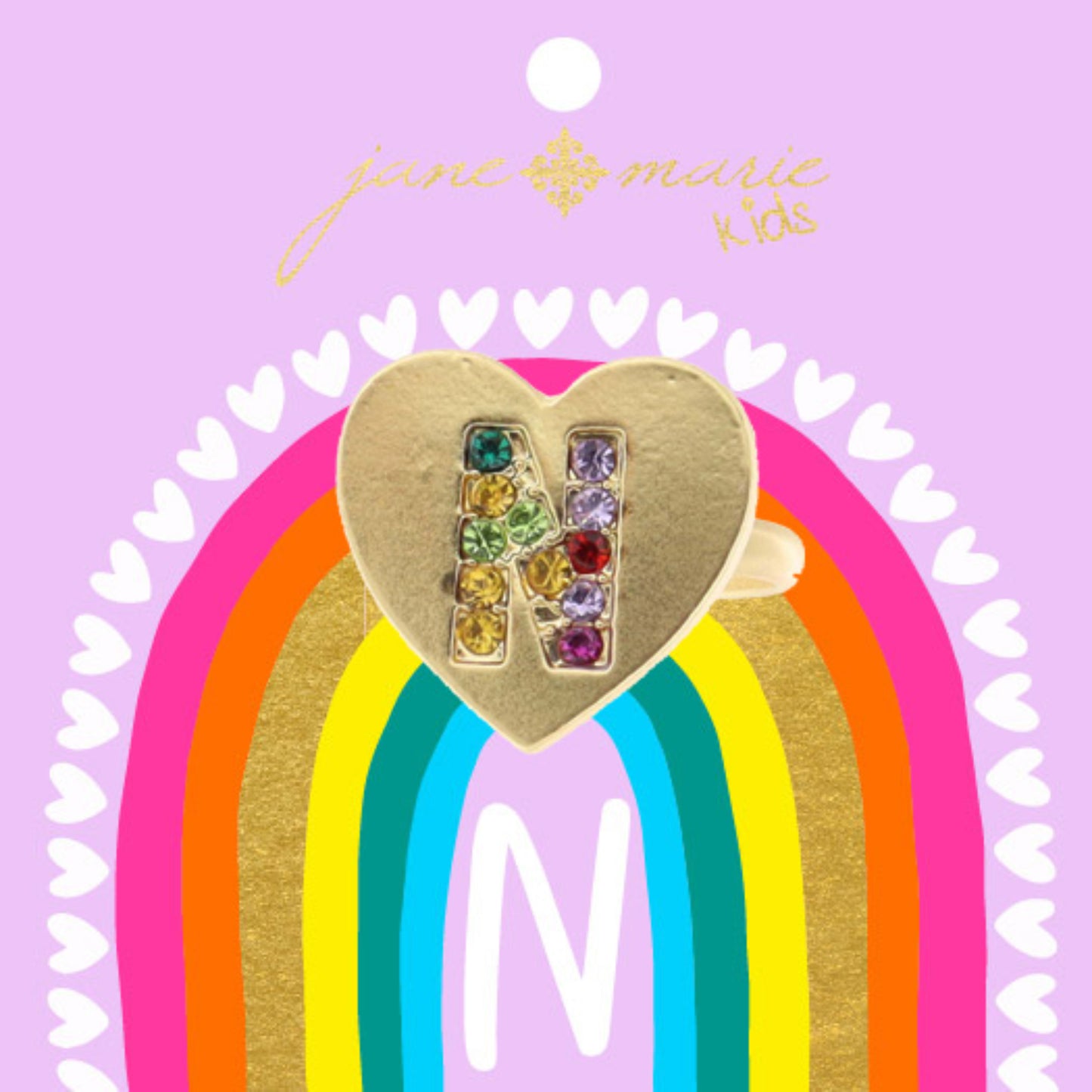 Kids Multi Color Crystal "N" on Gold Heart Ring
