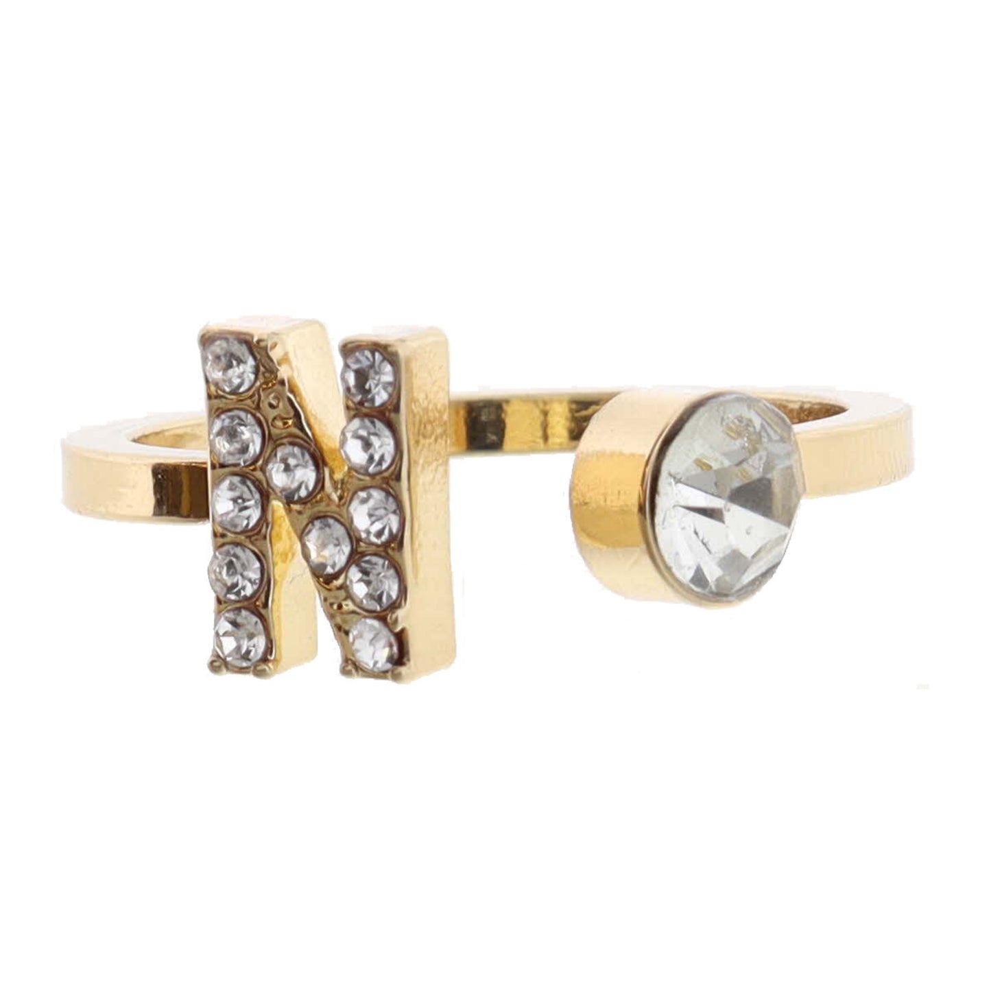 Shiny Gold Open Band with Mini Crystal "N" Initial and Clear Crystal Ring
