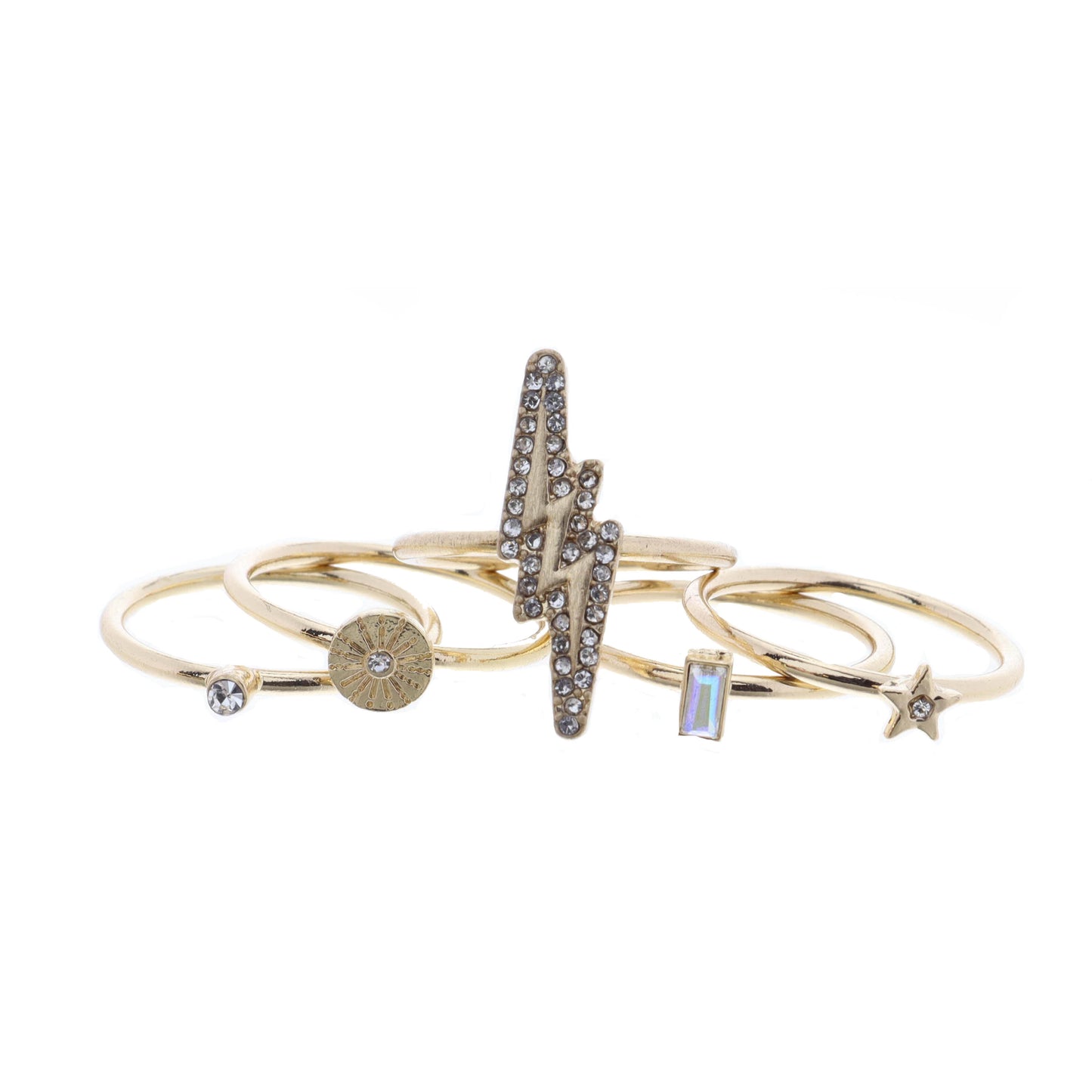 Set of 5, Crystal Lightning Bolt and Coordinating Gold Rings