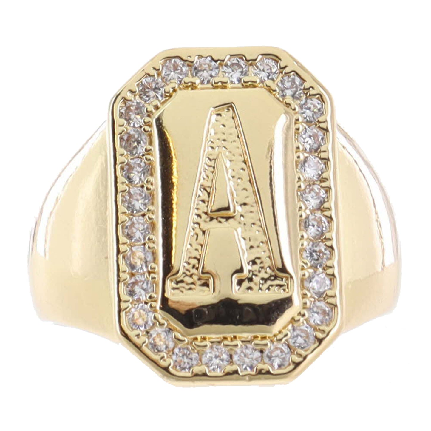 Shiny Gold with Crystal Edged "A" Initial Emerald Signet Ring