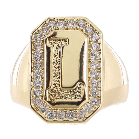 Shiny Gold with Crystal Edged "L" Initial Emerald Signet Ring
