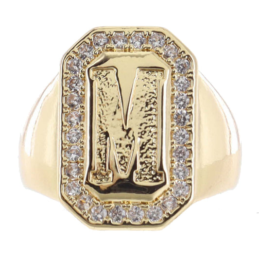 Shiny Gold with Crystal Edged "M" Initial Emerald Signet Ring