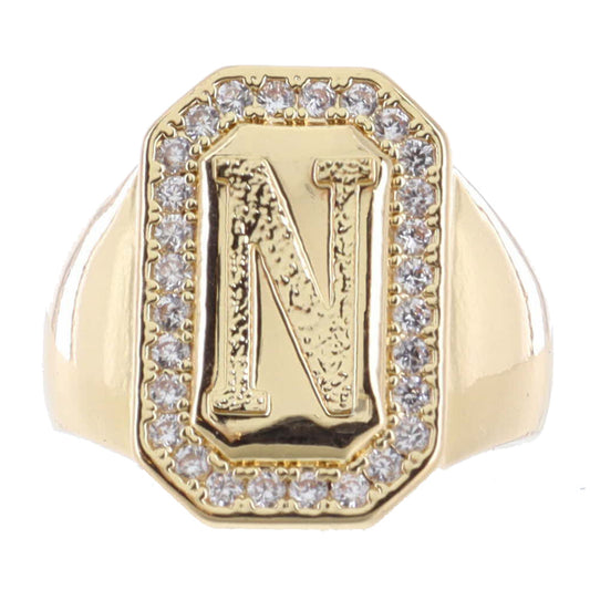 Shiny Gold with Crystal Edged "N" Initial Emerald Signet Ring
