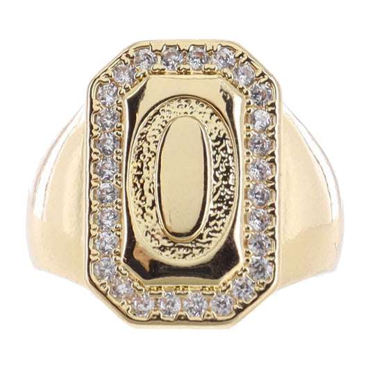 Shiny Gold with Crystal Edged "O" Initial Emerald Signet Ring