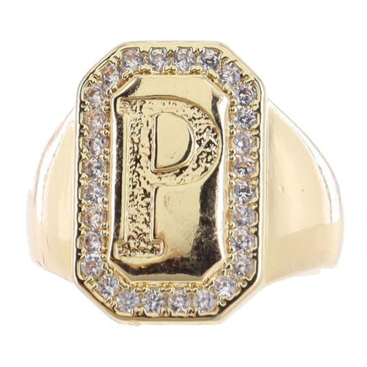 Shiny Gold with Crystal Edged "P" Initial Emerald Signet Ring