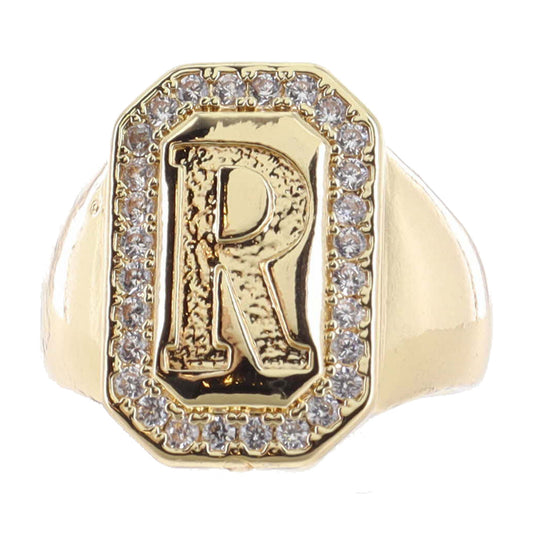 Shiny Gold with Crystal Edged "R" Initial Emerald Signet Ring