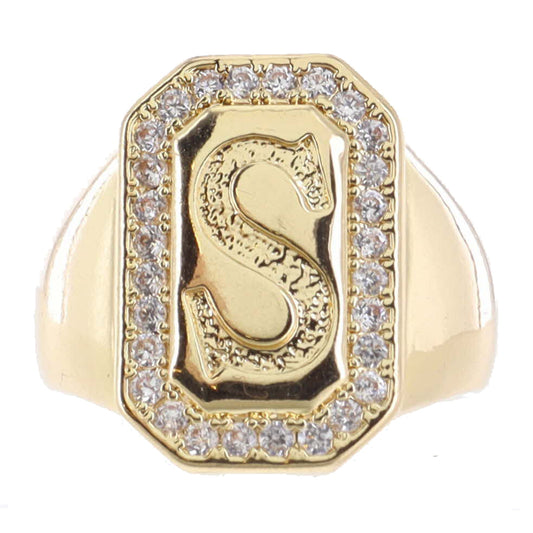 Shiny Gold with Crystal Edged "S" Initial Emerald Signet Ring