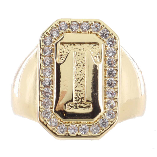 Shiny Gold with Crystal Edged "T" Initial Emerald Signet Ring