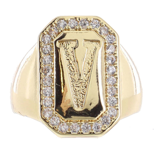 Shiny Gold with Crystal Edged "V" Initial Emerald Signet Ring