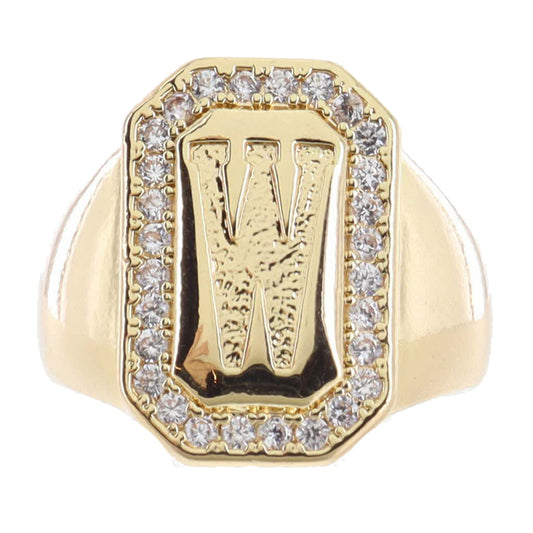 Shiny Gold with Crystal Edged "W" Initial Emerald Signet Ring
