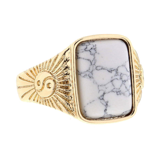 Howlite Rectangle on Gold Yin Yang Designs Signet Ring