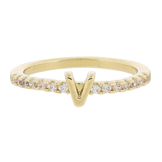 18K Gold Plated Thin Cubic Zirconia Pave Band with Mini Gold "V" Initial Ring, .25" Icon