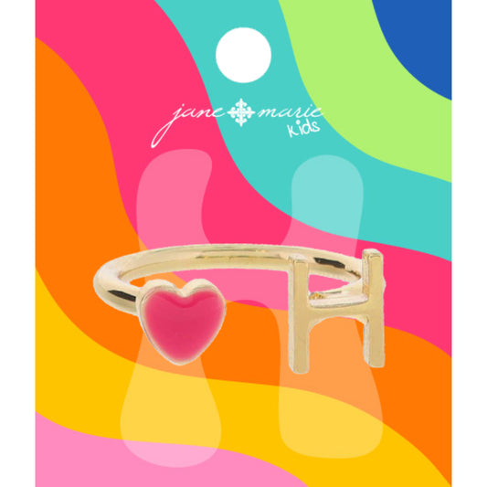 Kids Open Band with Pink Enamel Heart and Gold "H" Initial Ring, .25", .35" Icons