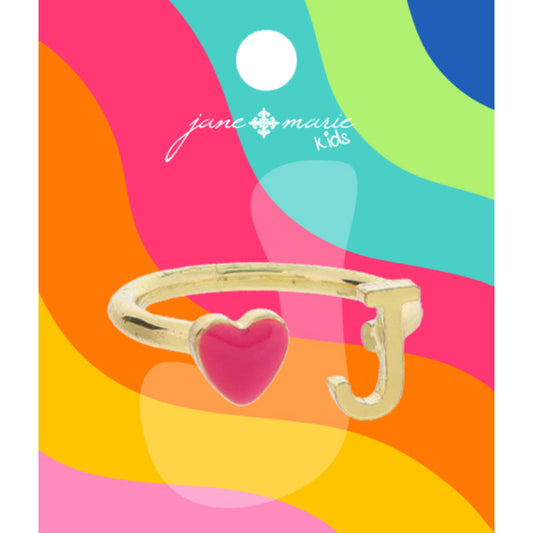 Kids Open Band with Pink Enamel Heart and Gold "J" Initial Ring, .25", .35" Icons