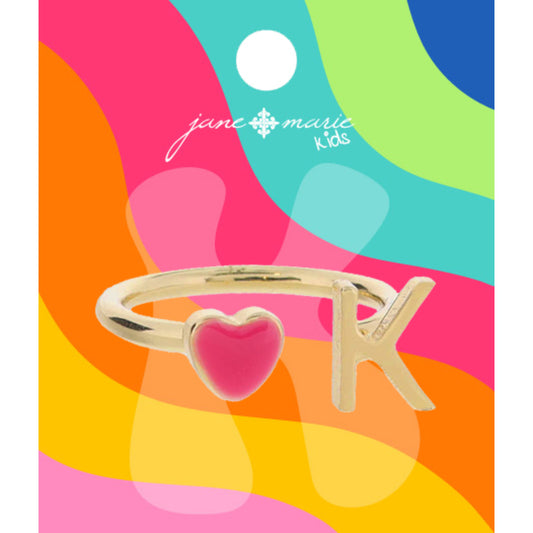 Kids Open Band with Pink Enamel Heart and Gold "K" Initial Ring, .25", .35" Icons