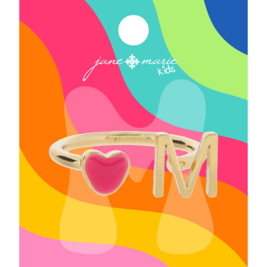 Kids Open Band with Pink Enamel Heart and Gold "M" Initial Ring, .25", .35" Icons