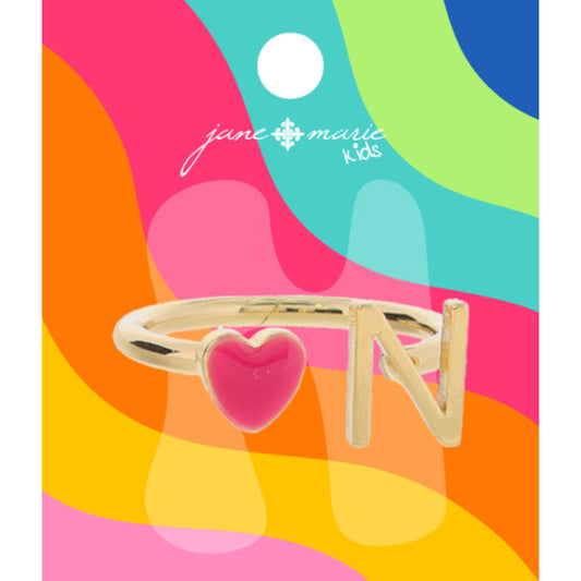 Kids Open Band with Pink Enamel Heart and Gold "N" Initial Ring, .25", .35" Icons