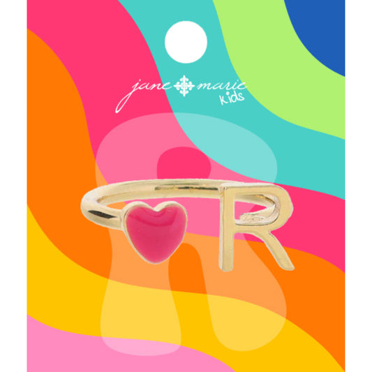 Kids Open Band with Pink Enamel Heart and Gold "R" Initial Ring, .25", .35" Icons