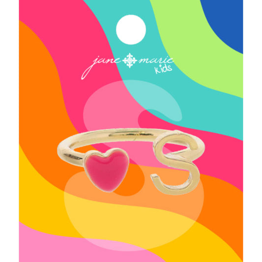 Kids Open Band with Pink Enamel Heart and Gold "S" Initial Ring, .25", .35" Icons