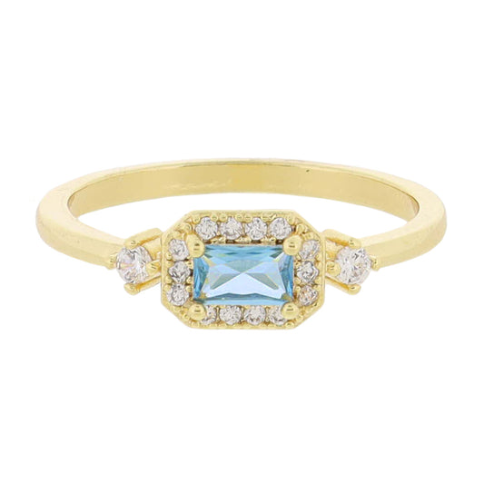 18K Gold Plated Aquamarine Baguette with Mini Crystal Outline with Accenting Side Crystals Ring, .25" Icon