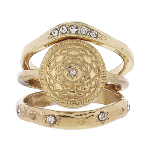 Set of 3, Curved Gold Band with Crystal Stars, Gold Coin with Crystal, Thin Gold Curved Band Ring