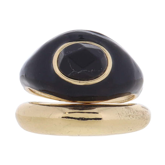Set of 2, Small Gold Dome Band, Black Enamel Dome Band with Jet Howlite Stone Ring