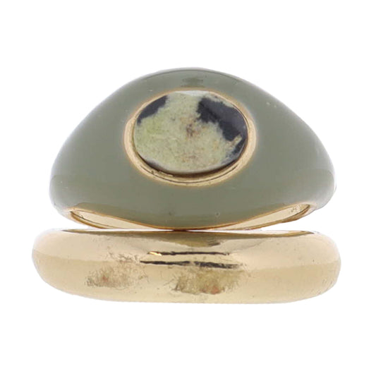 Set of 2, Small Gold Dome Band, Olive Enamel Dome Band with Dalmation Stone Ring