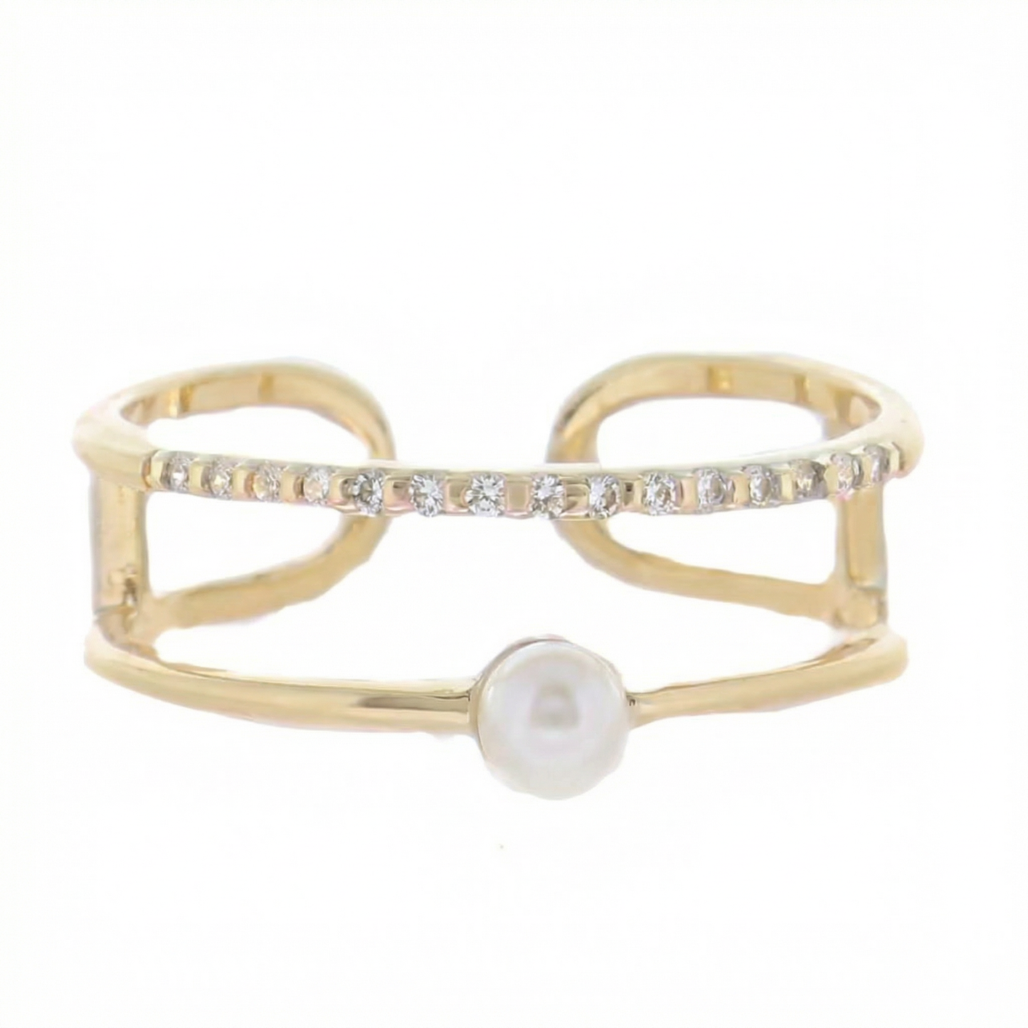 18K Gold Plated Crystal Inlay Band, Single Pearl Band Ring