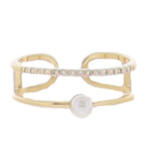 18K Gold Plated Crystal Inlay Band, Single Pearl Band Ring