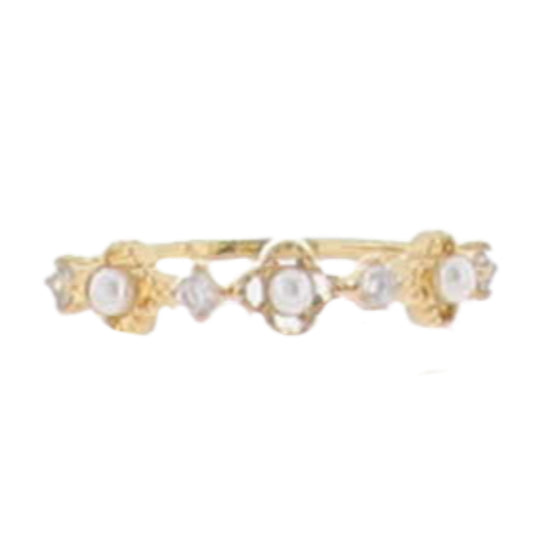 18K Gold Plated Pearl and Crystal Clover Ring
