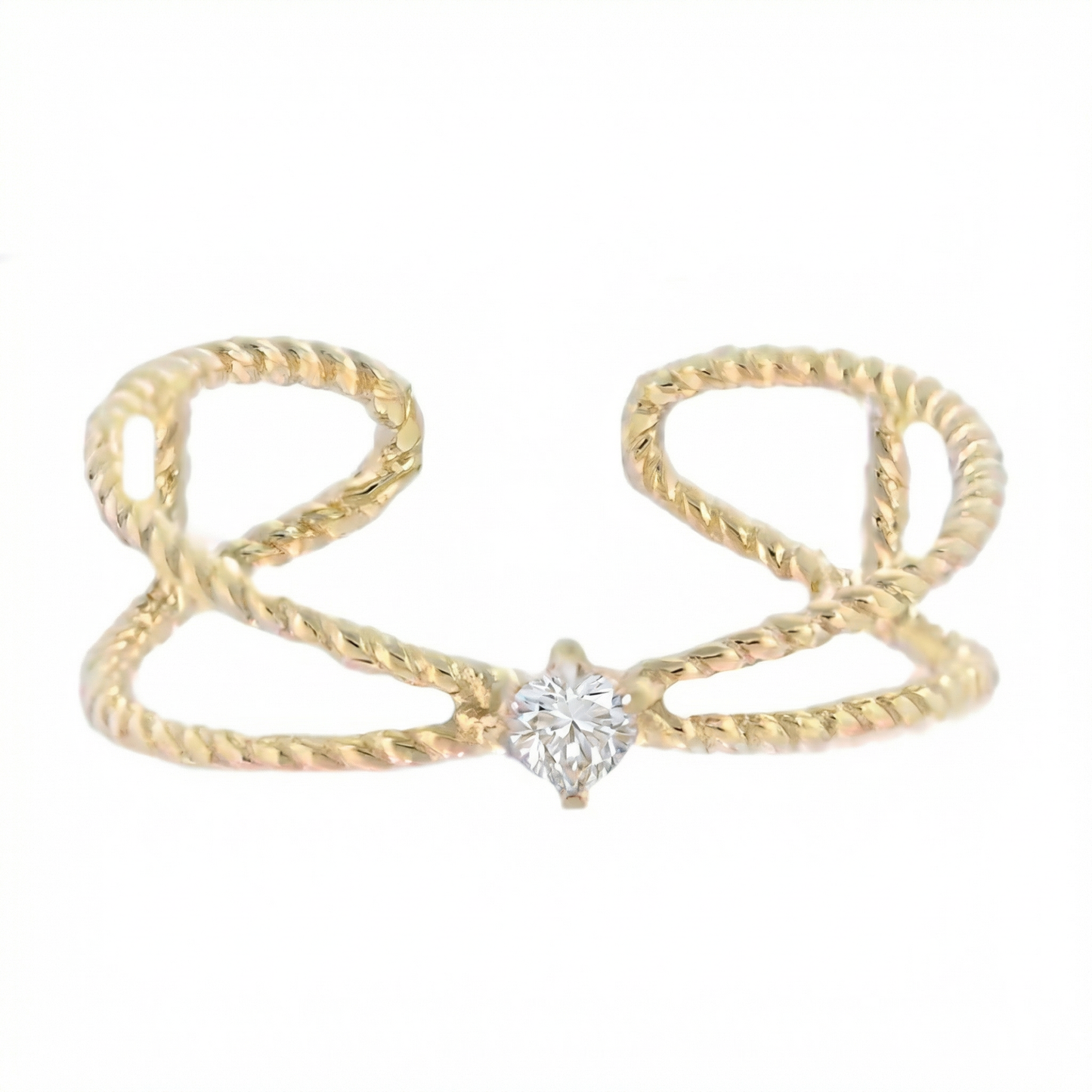 18K Gold Plated Twisted Rope Double Band with Single Crystal Ring