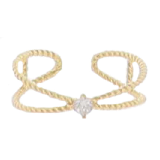 18K Gold Plated Twisted Rope Double Band with Single Crystal Ring