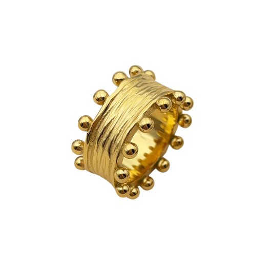 18K Gold Plated Textured Wide Band Ring with Gold Studded Accents