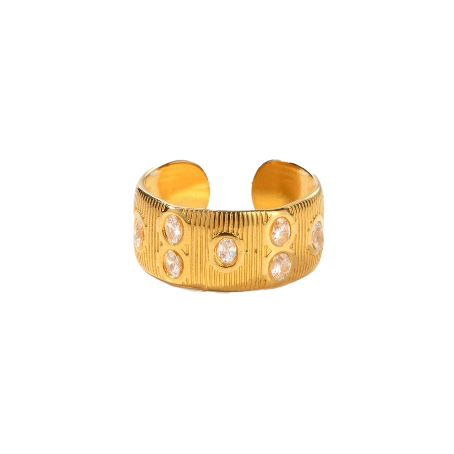 18K Gold Plated Line Textured Band Ring with Clear Multi Crystal Accents