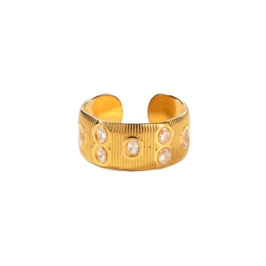 18K Gold Plated Line Textured Band Ring with Clear Multi Crystal Accents