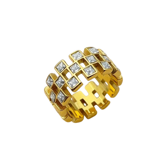 18K Gold Plated Checkered Band Ring with Clear Square Crystals