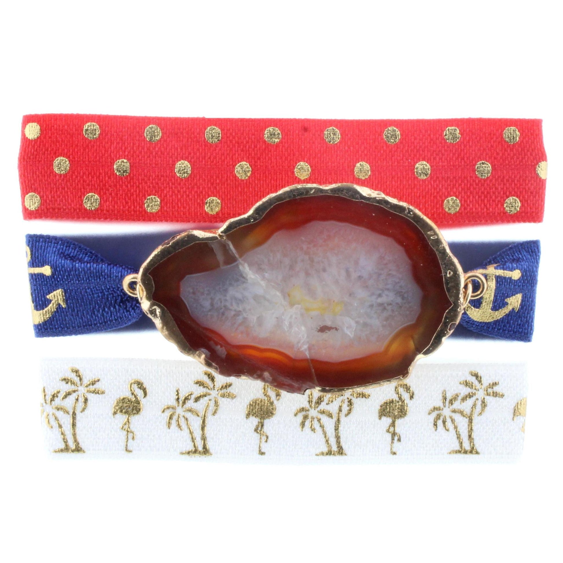 Three 8" Hair Ties - Navy With Gold Anchor Print Tie, Red Polka Dot, and White With Gold Flamingo Ties