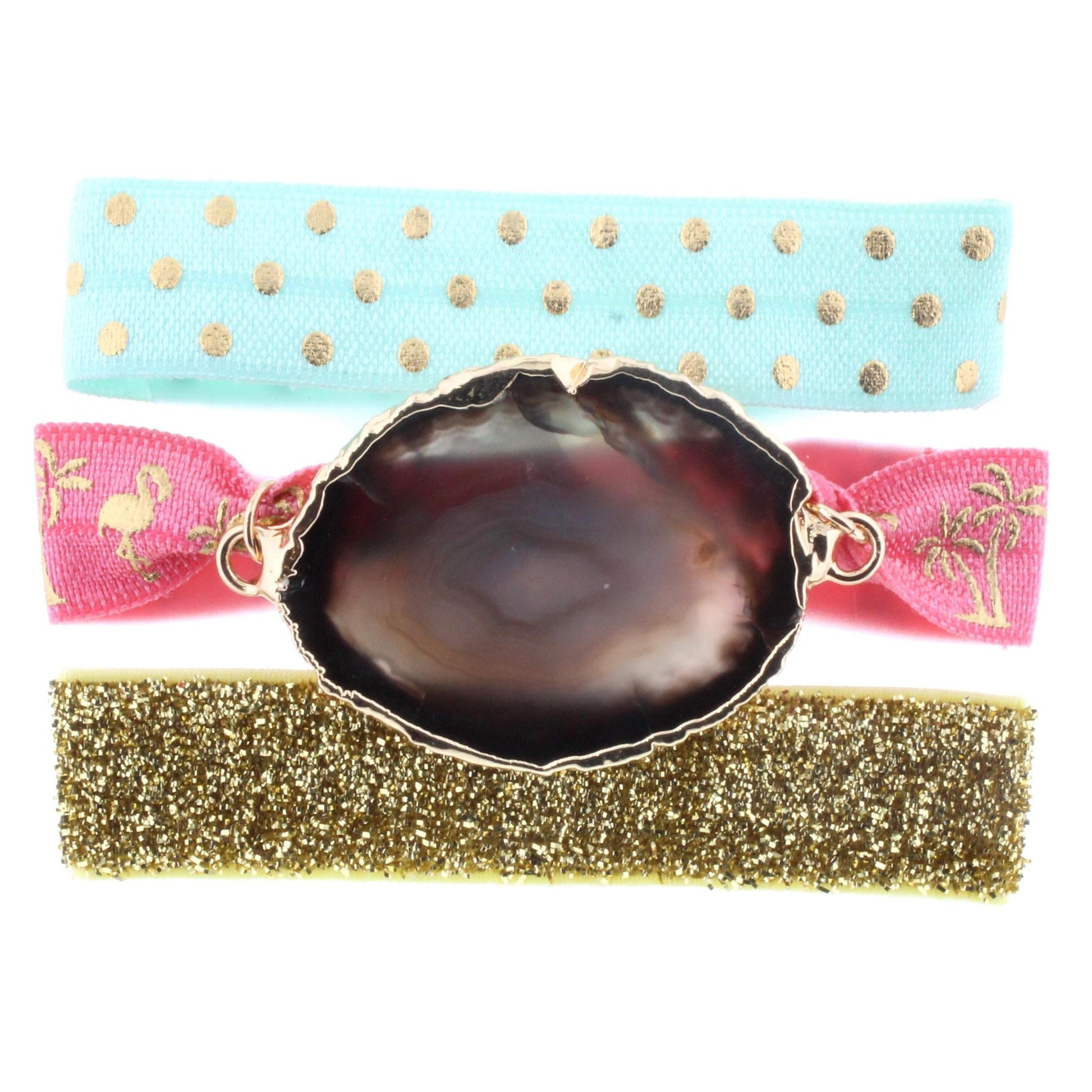 Three 8" Hair Ties - Pink Flamingo Tie with Black Agate Slice, Two Coordinating Mint, and Gold Glitter Ties