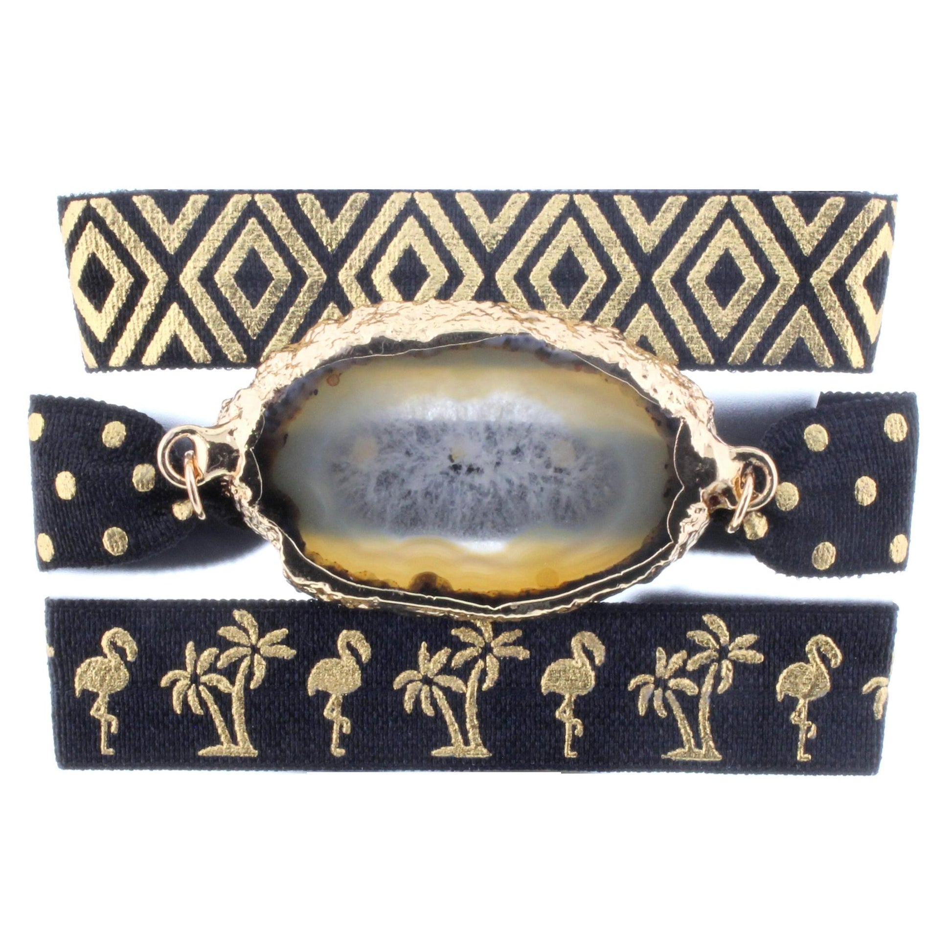 Three 8" Hair Ties - Black with Gold Polka Dot Tie with Brown Agate Slice, Two Black, and Gold Patterned Ties