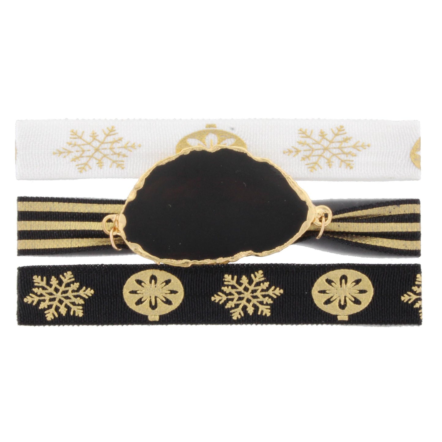 Three 8" Hair Ties - White with Gold Ornament and Snowflake, Black/Gold Stripe with Black Agate, and White with Gold Snowflake Ties