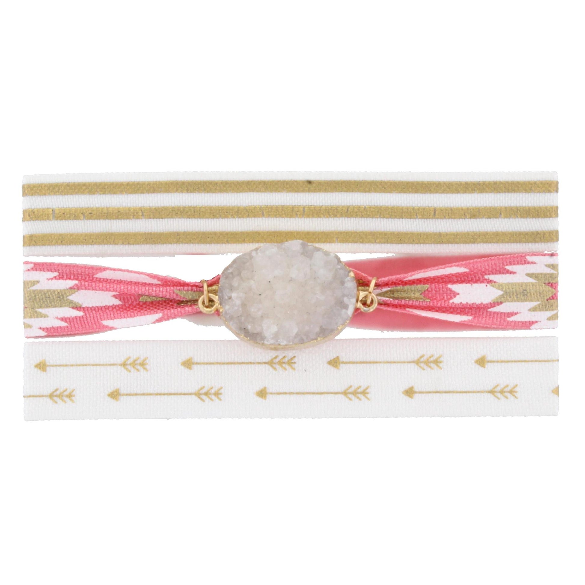 Three 8" Hair Ties - Gold White Stripe, Pink Aztec White Oval Druzy, and White Gold Arrow Ties